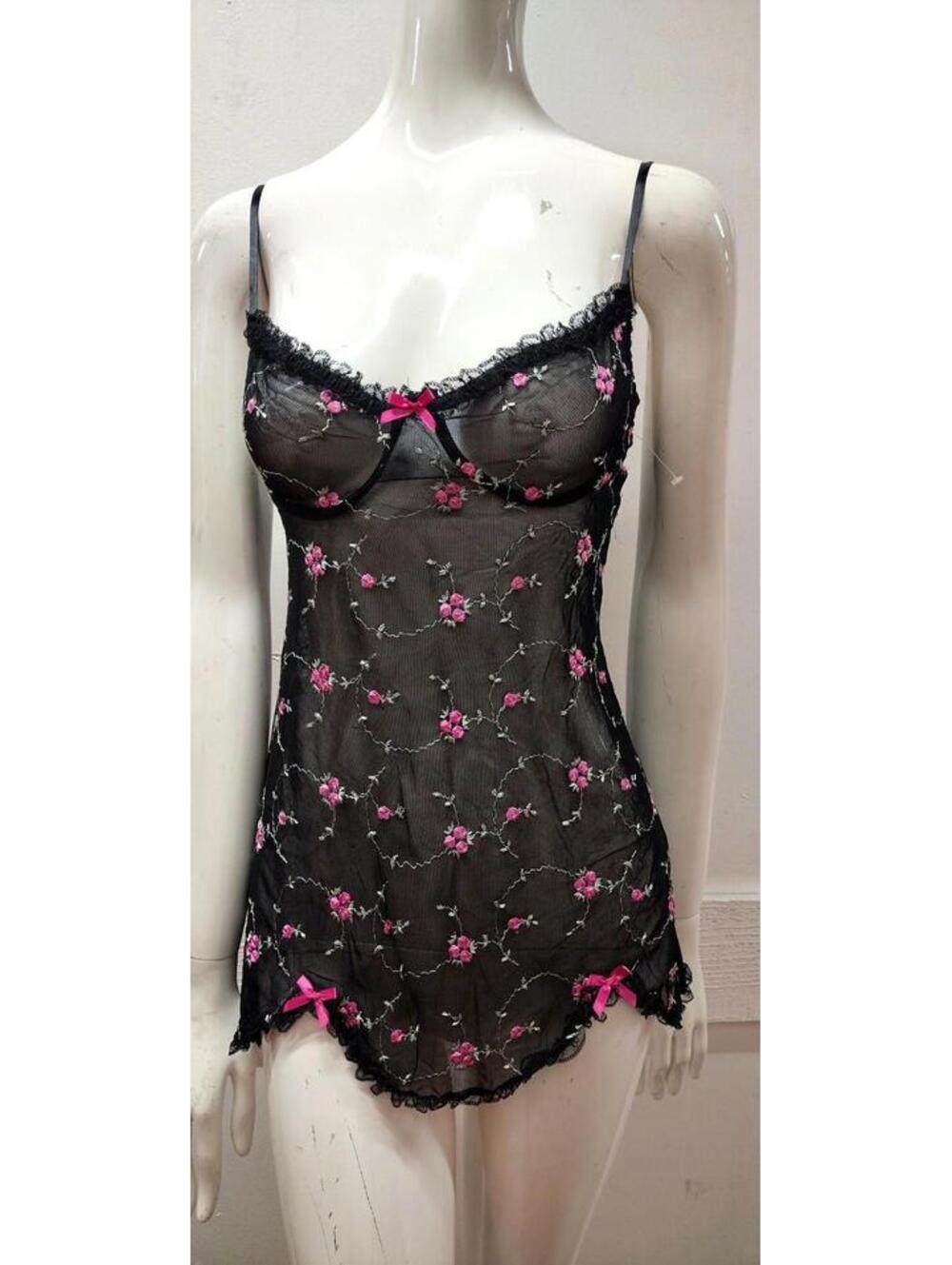 Vintage 90s Lingerie Mini Dress XS S Black Sheer Pink Roses Embroidery Cute Bows